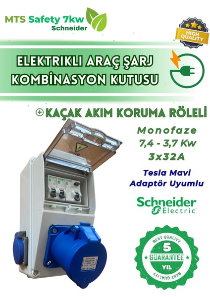 7.4 Kw Schneider Tesla Mavi Adaptör Uyumlu Elektrikli Araç Şarj Cihazı Kombinasyon Kutusu 7kw