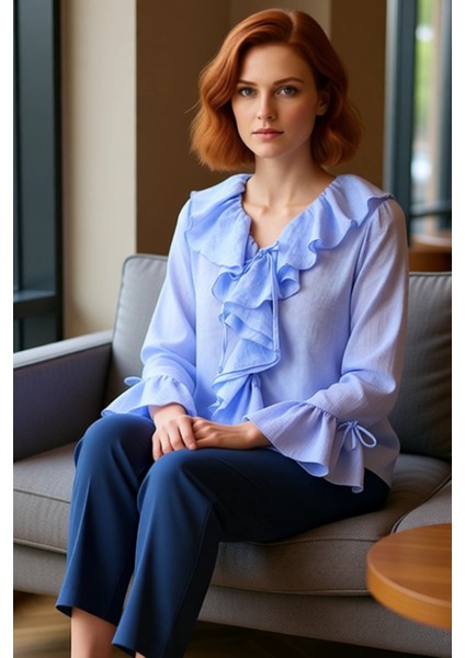 Kadın Dokuma Kumaşlı V Yaka Uzun Kollu Bluz Kaliteli Şık Rahat Modern Zarif Günlük