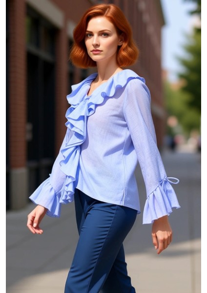 Kadın Dokuma Kumaşlı V Yaka Uzun Kollu Bluz Kaliteli Şık Rahat Modern Zarif Günlük fırsatları