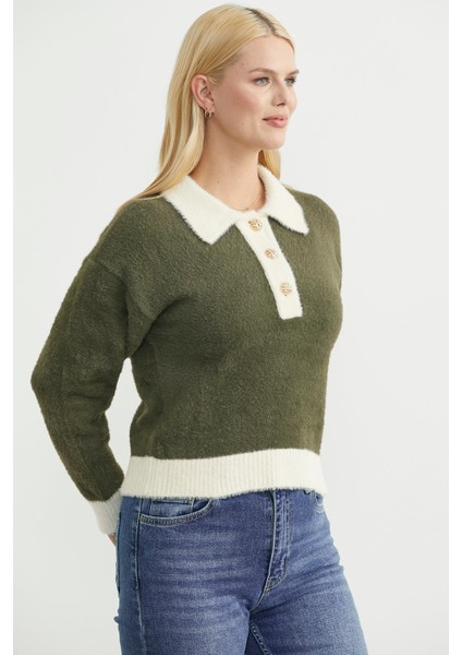 Polo Yaka Renk Geçişli Triko Kazak - Haki fırsatları