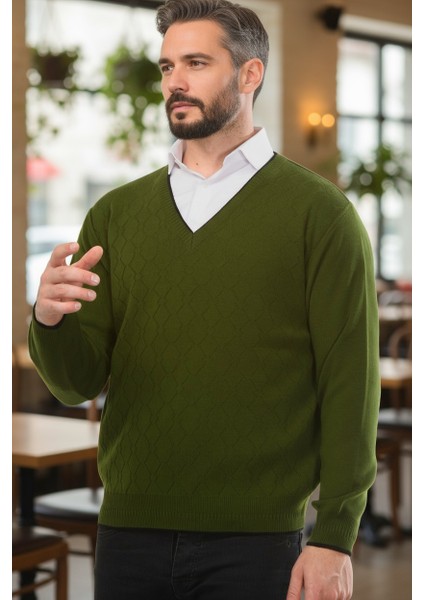 Haki Erkek V Yaka Triko Uzun Kol Standart Fit Tüylenmeyen Triko Kışlık Örgü Kazak