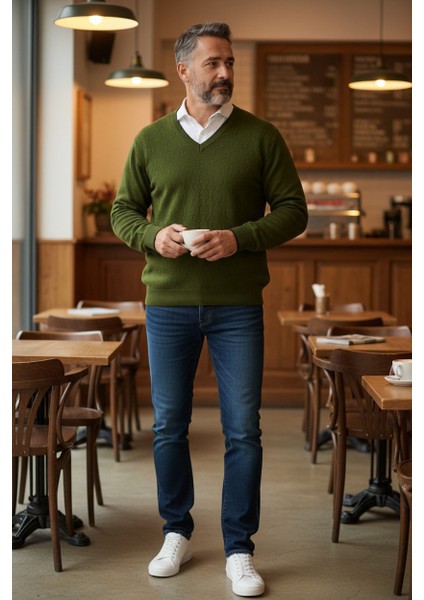 Haki Erkek V Yaka Triko Uzun Kol Standart Fit Tüylenmeyen Triko Kışlık Örgü Kazak modelleri