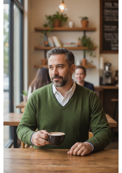 Haki Erkek V Yaka Triko Uzun Kol Standart Fit Tüylenmeyen Triko Kışlık Örgü Kazak fırsatları