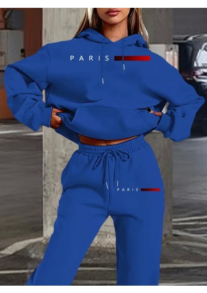 Büyük Beden Özel Tasarım Kapüşonlu Paris Baskılı %100 Pamuk Yeni Trend Kışlık Kadın Eşofman Takımı