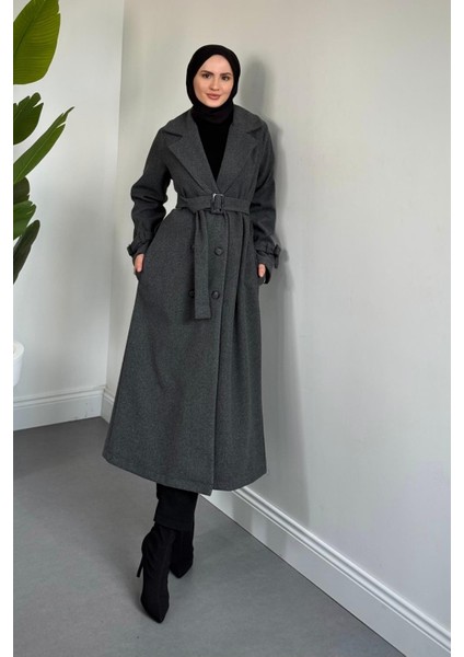 Eliane Astarlı Kemerli Kaşe Kaban Füme