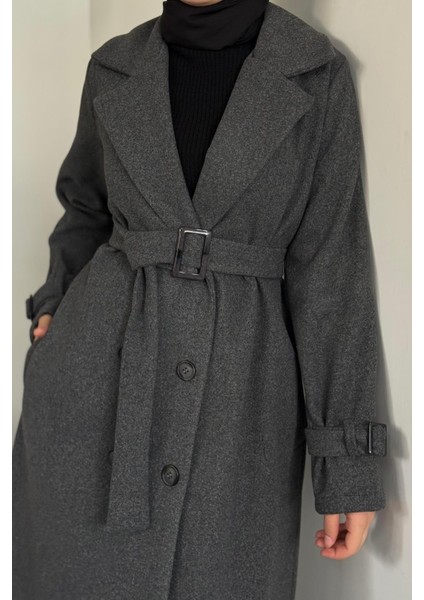 Eliane Astarlı Kemerli Kaşe Kaban Füme