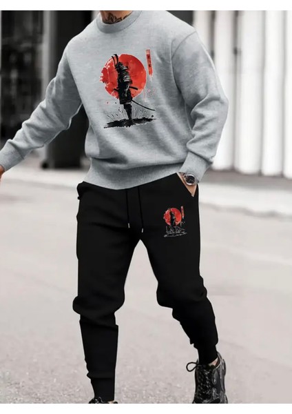 Büyük Beden Özel Tasarım Samuray Baskılı Yuvarlak Yaka %100 Pamuk Kışlık Erkek Eşofman Altı