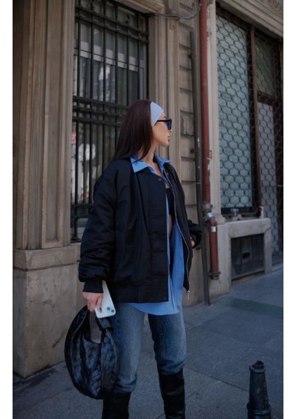 Kadın Siyah Oversize Konfor Modeli Fermuarlı Astarlı Soğuk ve Su Geçirmez Kalın Bomber Ceket Mont modelleri