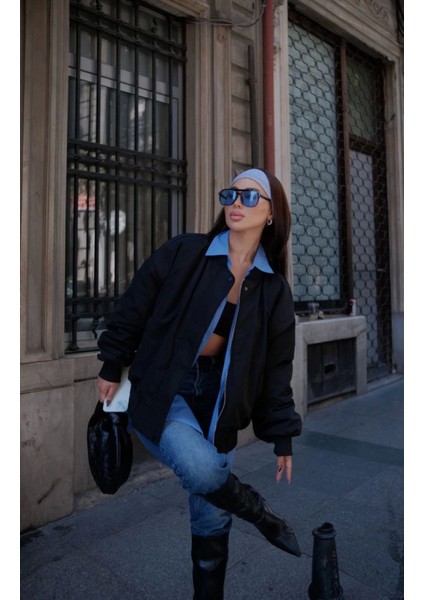 Kadın Siyah Oversize Konfor Modeli Fermuarlı Astarlı Soğuk ve Su Geçirmez Kalın Bomber Ceket Mont fırsatları