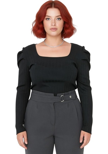 Kadın Kare Yaka Kemer Detaylı Ince Örgü Bluz Kaliteli Şık Rahat Modern Zarif Günlük fiyatları