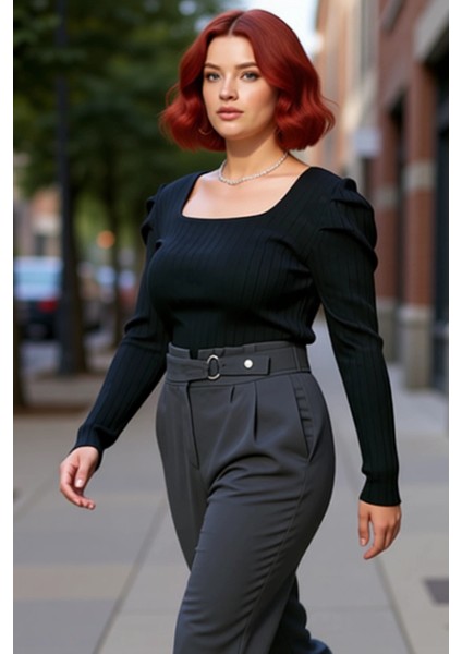 Kadın Kare Yaka Kemer Detaylı Ince Örgü Bluz Kaliteli Şık Rahat Modern Zarif Günlük fırsatları