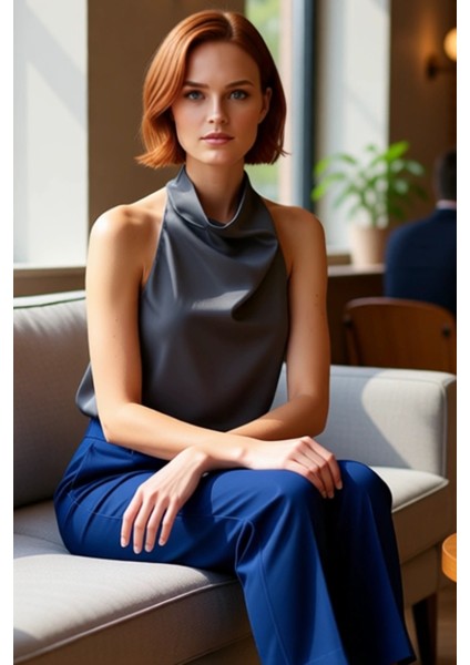 Kadınlar Için Dokuma Kumaşlı Halter Yaka Kolsuz Bluz Kaliteli Şık Rahat Modern Zarif Günlük