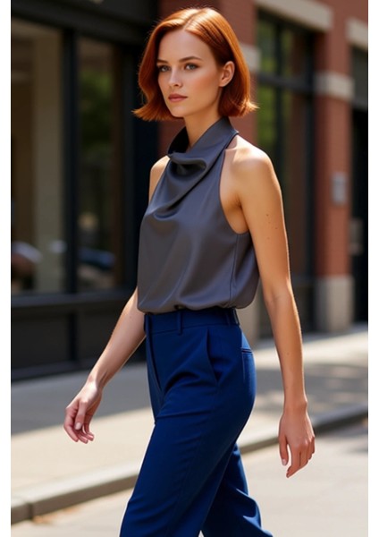 Kadınlar Için Dokuma Kumaşlı Halter Yaka Kolsuz Bluz Kaliteli Şık Rahat Modern Zarif Günlük fırsatları