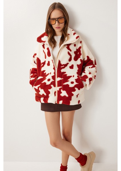 Dik Yaka Desenli Peluş Mont LCI0051 Ekru Kiremit