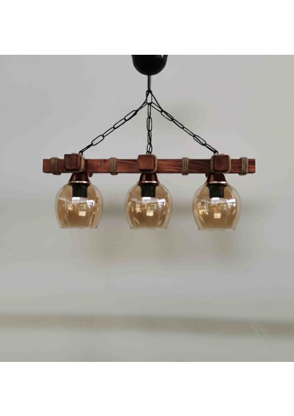 Ahşap Rustik Camlı 3lü Avize