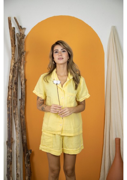 %100 Pamuk Müslin Kadın Şortlu Pijama & Ev Giyim Takımı – Sarı fiyatları