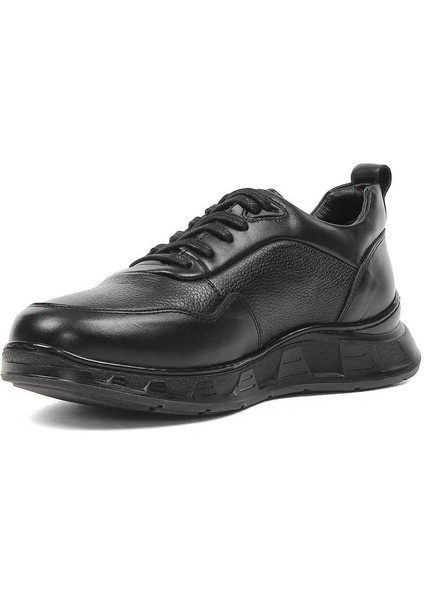 Erkek Siyah Bağcıklı Kalın Tabanlı Deri Sneaker