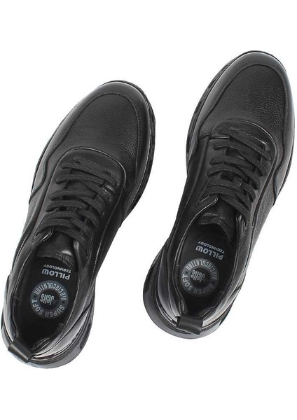 Erkek Siyah Bağcıklı Kalın Tabanlı Deri Sneaker