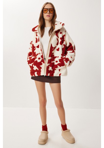 Dik Yaka Desenli Peluş Mont LCI0051 Ekru Kiremit modelleri