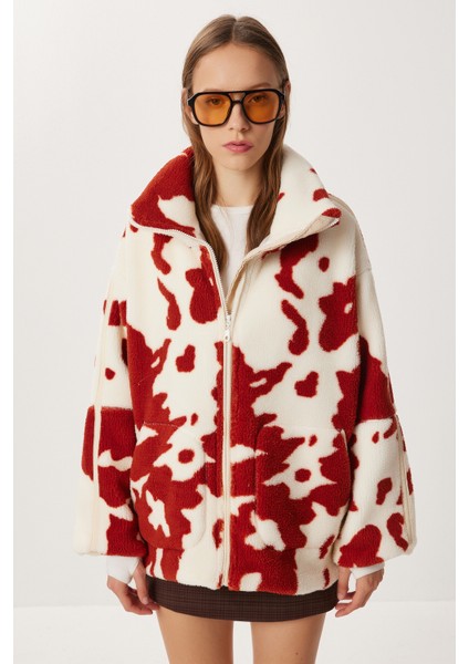 Dik Yaka Desenli Peluş Mont LCI0051 Ekru Kiremit fırsatları