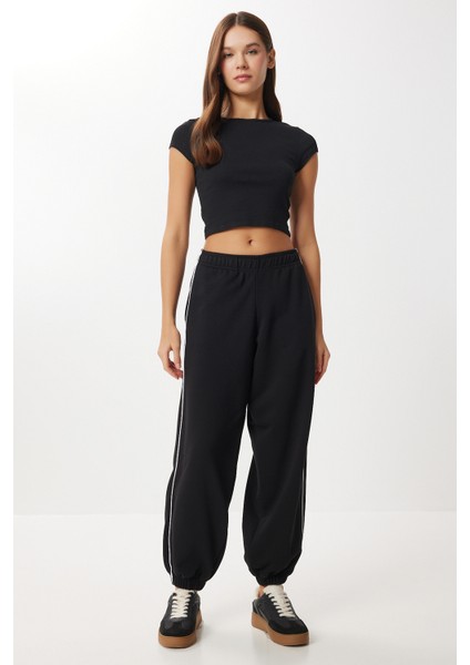 Kontrast Şeritli Jogger Örme Eşofman Altı LUB0301 Siyah