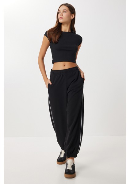 Kontrast Şeritli Jogger Örme Eşofman Altı LUB0301 Siyah fiyatları