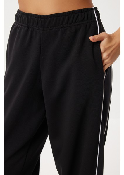 Kontrast Şeritli Jogger Örme Eşofman Altı LUB0301 Siyah fırsatları