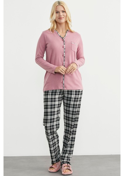 Ekose Kombinli Düğmeli Pijama Takım - Gül Kurusu modelleri