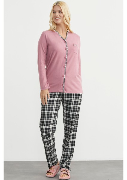 Ekose Kombinli Düğmeli Pijama Takım - Gül Kurusu fırsatları