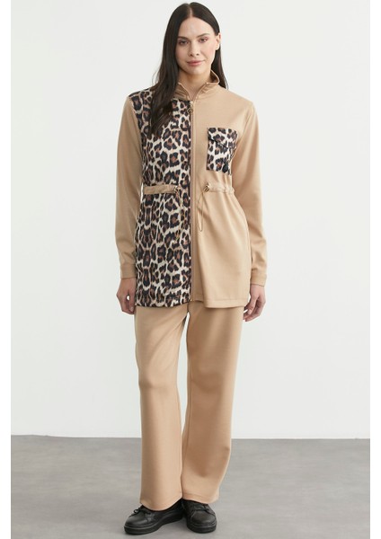 Leopar Kombinli Scuba Tunik Eşofman Takım - Bej