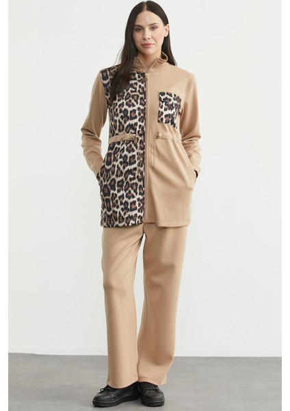 Leopar Kombinli Scuba Tunik Eşofman Takım - Bej fırsatları