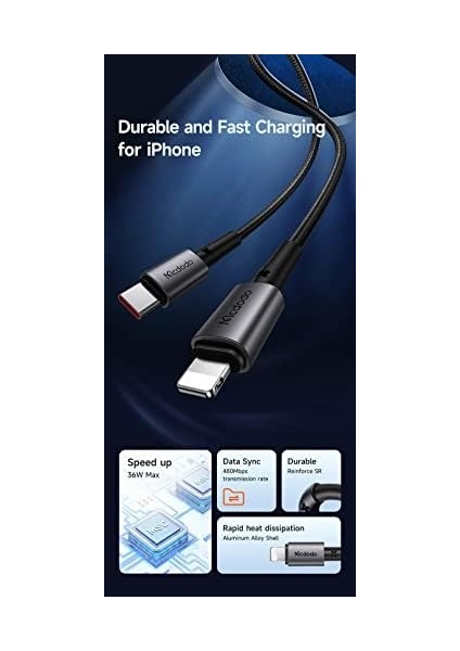 CA-2850 36W Typec Iphone Hızlı Şarj Kablo 1.2m-Siyah modelleri