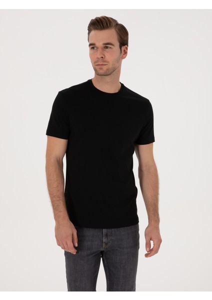 Erkek Siyah Slim Fit %100 Pamuk Bisiklet Yaka Basic T-Shirt 50324401-VR046 modelleri