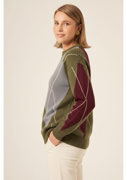 Kadın Baklava Desenli Kazak Haki 25094