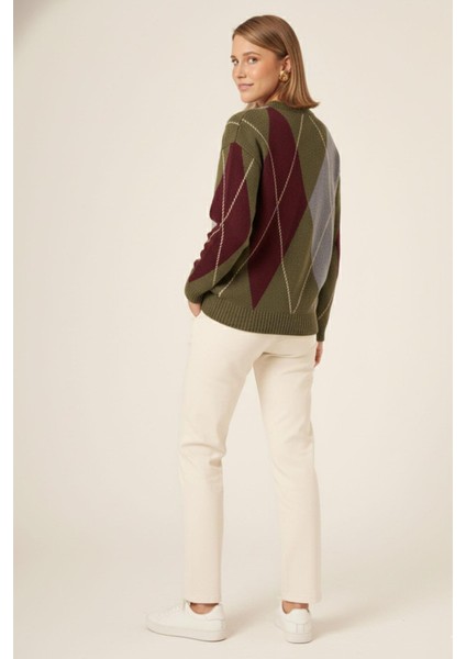 Kadın Baklava Desenli Kazak Haki 25094 modelleri