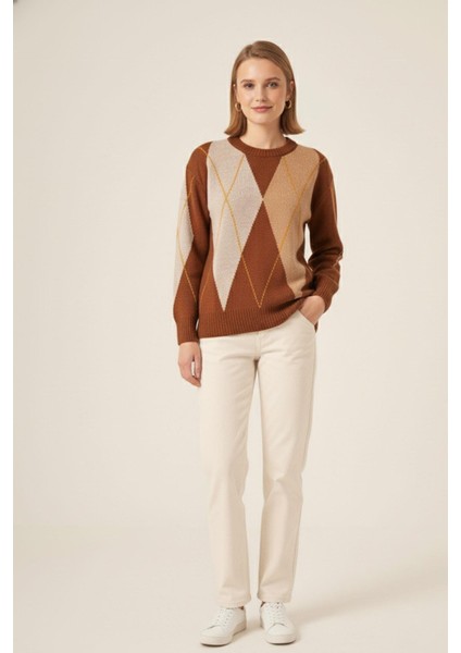 Kadın Baklava Desenli Kazak Tarçın 25094