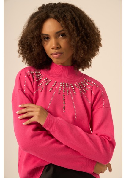 Kadın Işleme Detay Kazak Fuşya 25194 modelleri