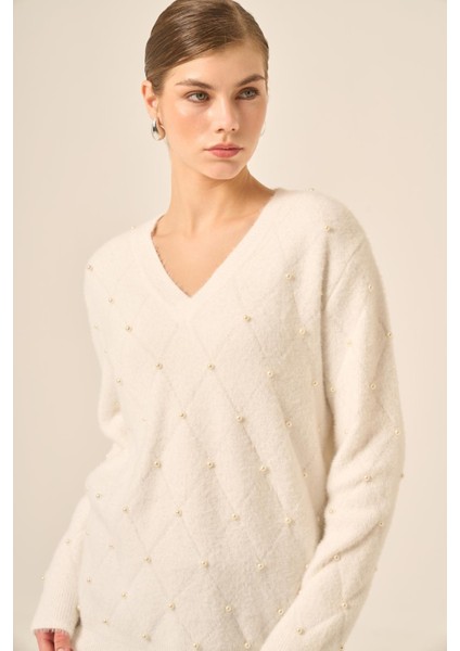 Kadın Inci Detaylı Kazak Ekru 25057