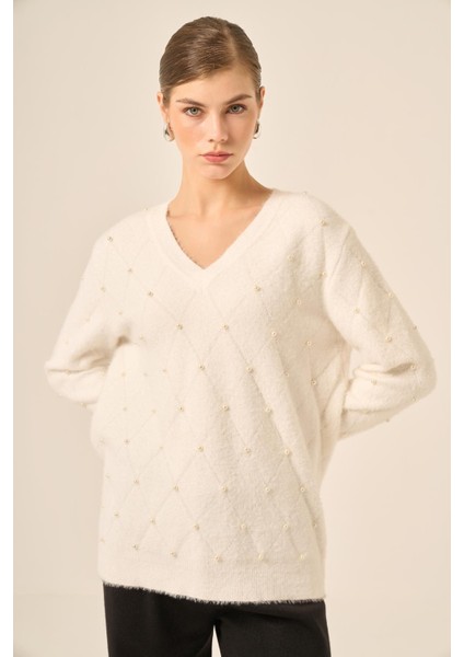 Kadın Inci Detaylı Kazak Ekru 25057 fiyatları