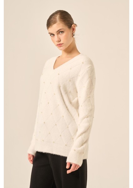 Kadın Inci Detaylı Kazak Ekru 25057 fırsatları