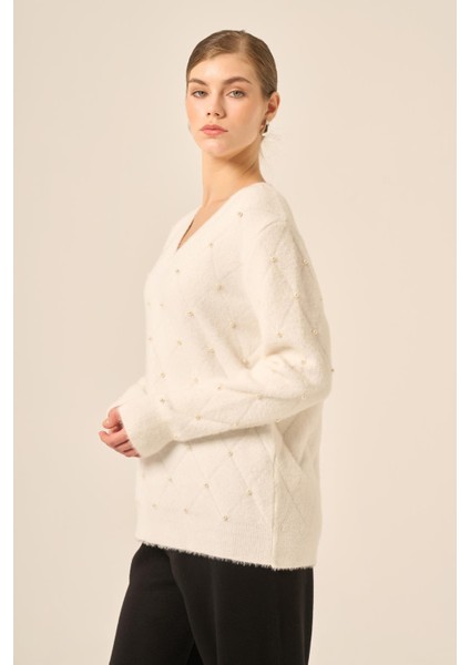 Kadın Inci Detaylı Kazak Ekru 25057 indirimleri