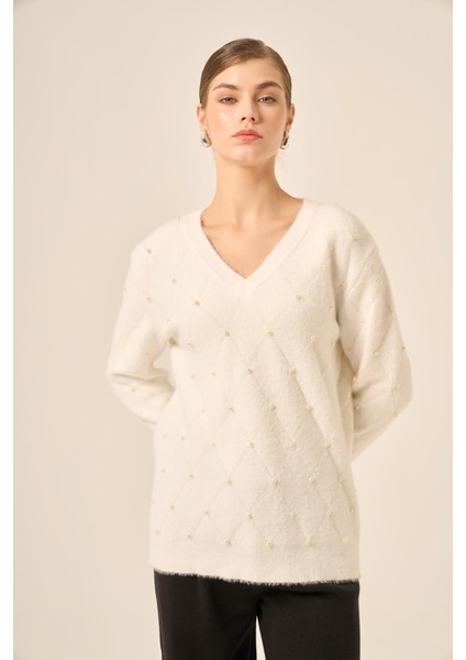 Kadın Inci Detaylı Kazak Ekru 25057