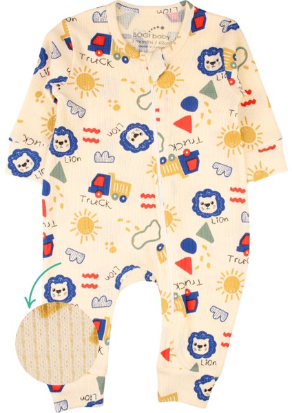 Fermuarlı Bebek Tulumu Waffle Kumaş Aslan Baskılı Tulum