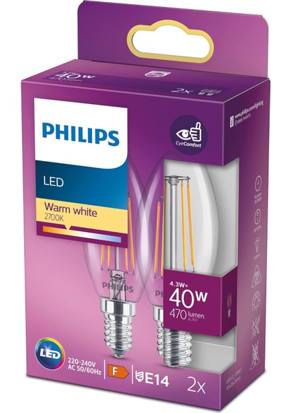 LED 40W B35 LED Mum Filament Ampul, 2700K Sarı Işık, E14 Duy, Dim Edilmez, 2'li Ekopaket