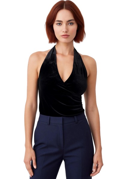 Kadın Kadife Yaka Detaylı Kolsuz Üst Gündüzden Geceye Şıklığınızı Taşıyın Kaliteli Şık Rahat