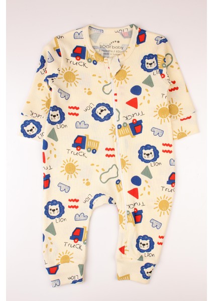 Fermuarlı Bebek Tulumu Waffle Kumaş Aslan Baskılı Tulum