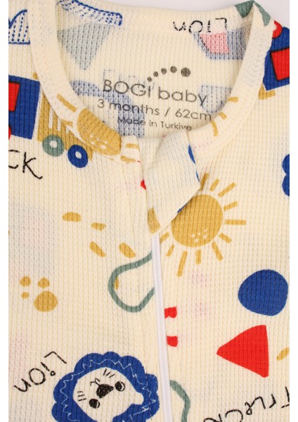 Fermuarlı Bebek Tulumu Waffle Kumaş Aslan Baskılı Tulum