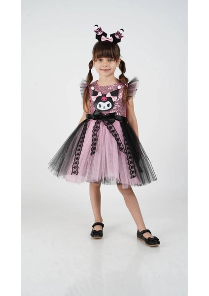 Kuromi Taç Aksesuarlı Pullu Baskılı Parti Doğum Günü Kız Elbise 3/10 Yaş