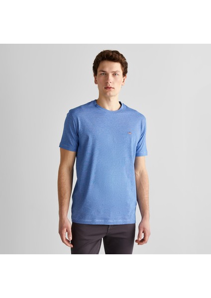 Erkek Mavi Regular Fit Bisiklet Yaka Çizgili T-Shirt