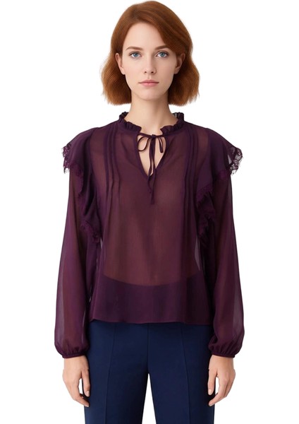 Kadın Bluz Şifon Kumaş Transparan Detaylar Dantel Süslemeler Balon Kol Tasarım Kaliteli Şık